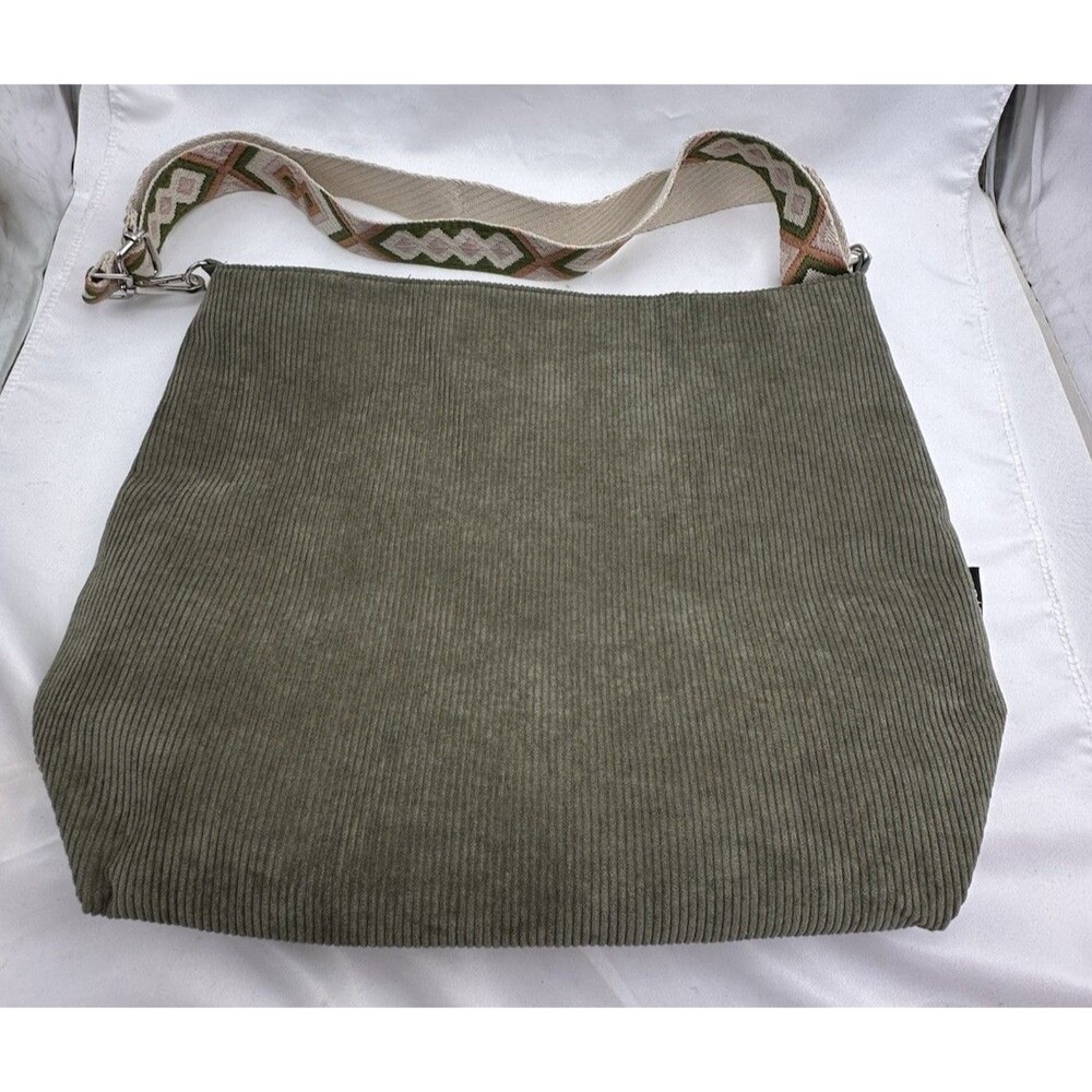 Women’s Corduroy Tote Bag Prite Olive Green zippered Boho hippie woven strap